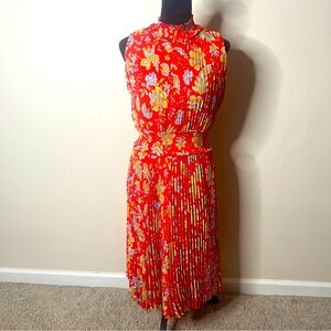 Nanette Lapore Saffron Sun Red Floral Pleated Smocked Mock Neck Midi Dress Sz 12